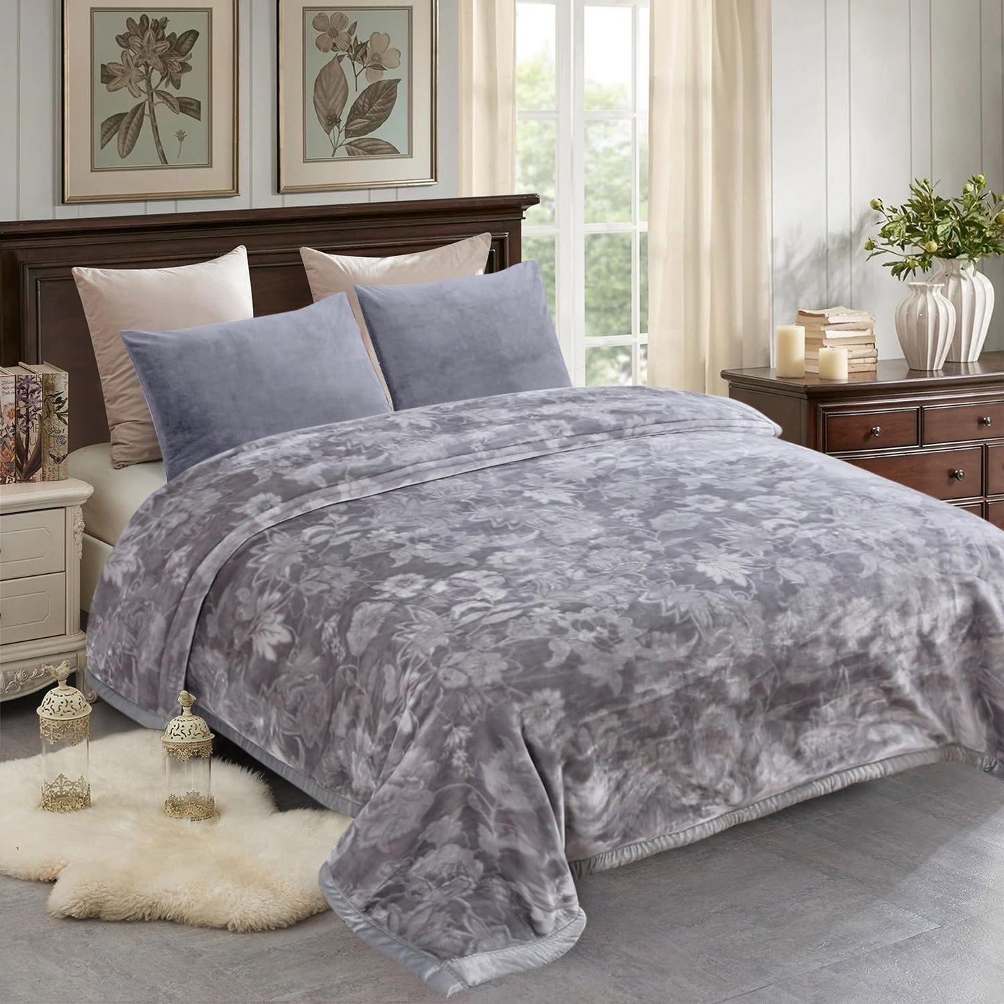 JML Plush Fleece Blanket 87" x 94", 10.5 Pounds Korean Style Mink Blanket King Size for Winter - Soft Thick Warm, 2 Ply A&B Printed Embossed Raschel (Grey Frames)