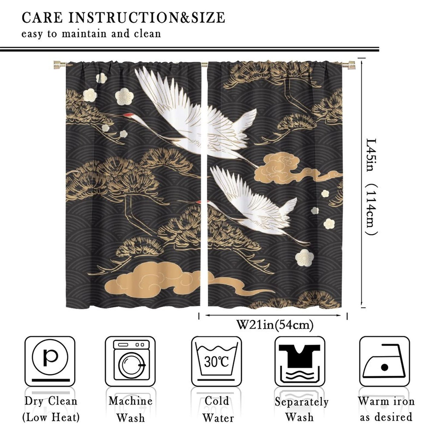 Japanese Style Curtains, Retro Red Crane Black and Gold Pine Tree Wave Abstract Asian Style, Bedroom Living Room Blackout Curtains, 2 Panel Set,42X45 Inch