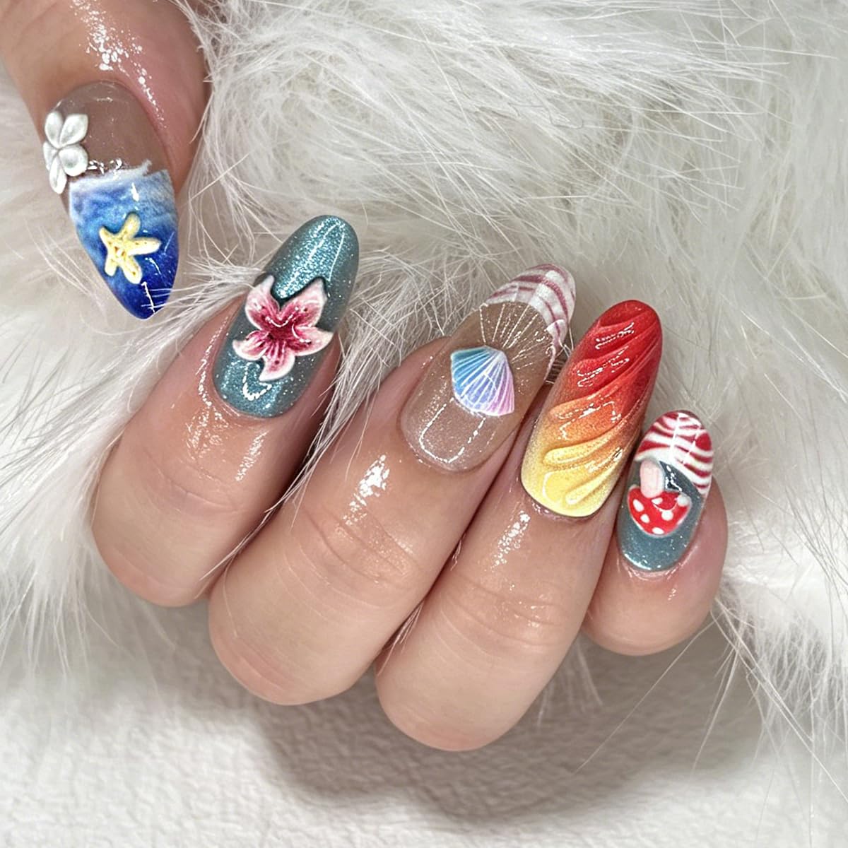 3D Press On Nails Almond Medium Fake Nails with Cat's Eye Embossed Marine Life&Floral French Designs, Acrylic Artificial Nail Press ons False Stick On Nails for Women Girls 30Pcs