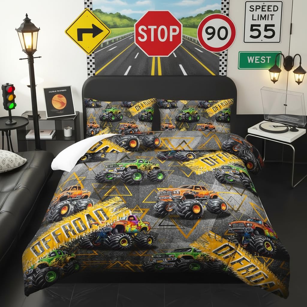 lneffble Full Size Monster Truck Comforter Sets for Boys，Monster Truck Full Size Bedding Sets Boys，with 1 Comforter with 2 Pillow Case，Kids Monster Truck Themed Bedroom Decor