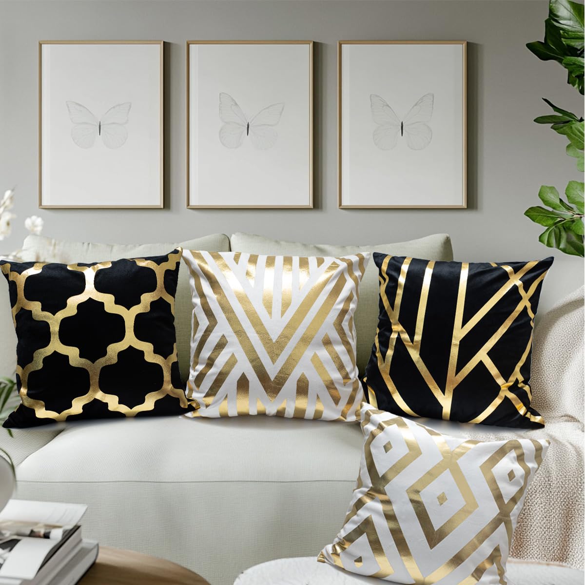 4Pcs Home Decorative Pillow Covers, Gold Foil Throw Pillow Geometric Square Cushion Covers Decor 18x18 inch Living Room Home Room Decor for Car Bed Couch (Black White and Gold)