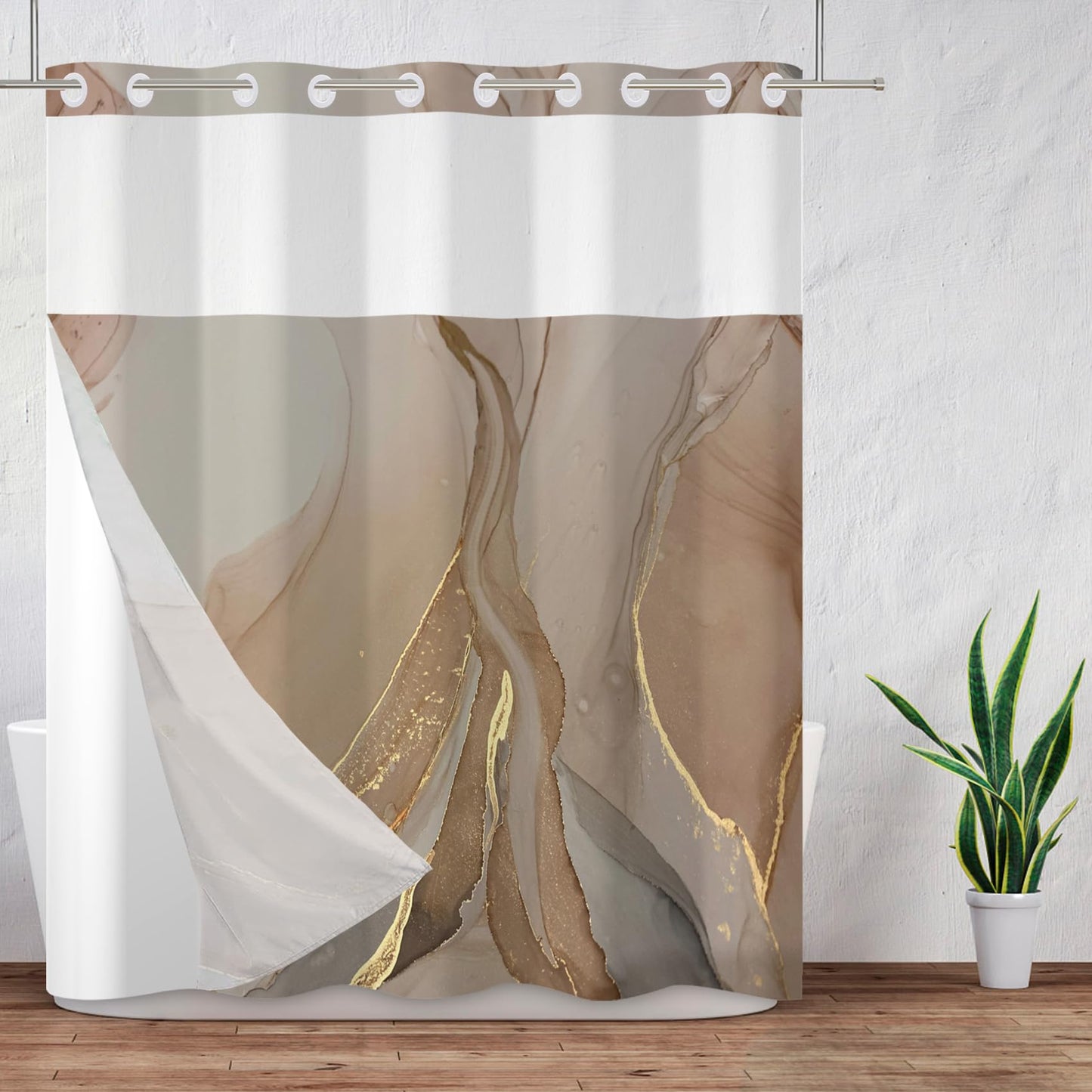 Baocicco No Hook Brown Marble Shower Curtain Golden Cracked Lines Shower Curtain with Snap-in Fabric Liner Set Double Layer Waterproof Fabric with Bathtubs Hotel Curtain Set Bathroom Decors 71x74 Inch