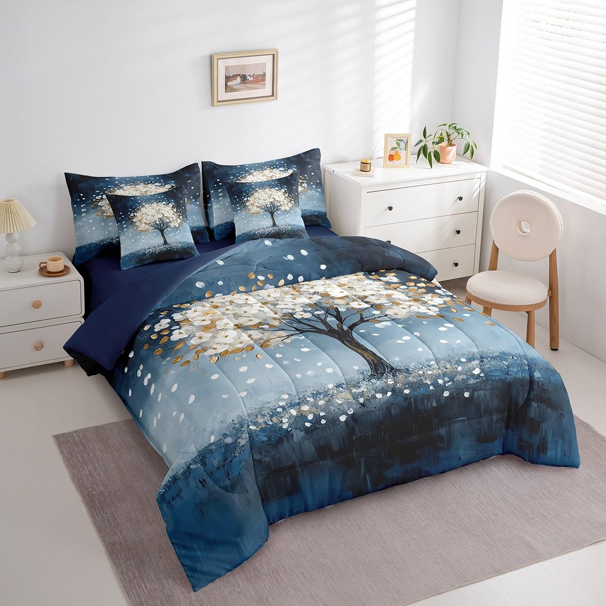 White Tree Branches Pattern 7 Pieces Bedding Set Twin Size Kids Leaf Branches Bed in a Bag with Comforter, Sheets, Pillowcases Fallen Leaves Bed Set Breathable Botanical Room Comforter Set with Sheets
