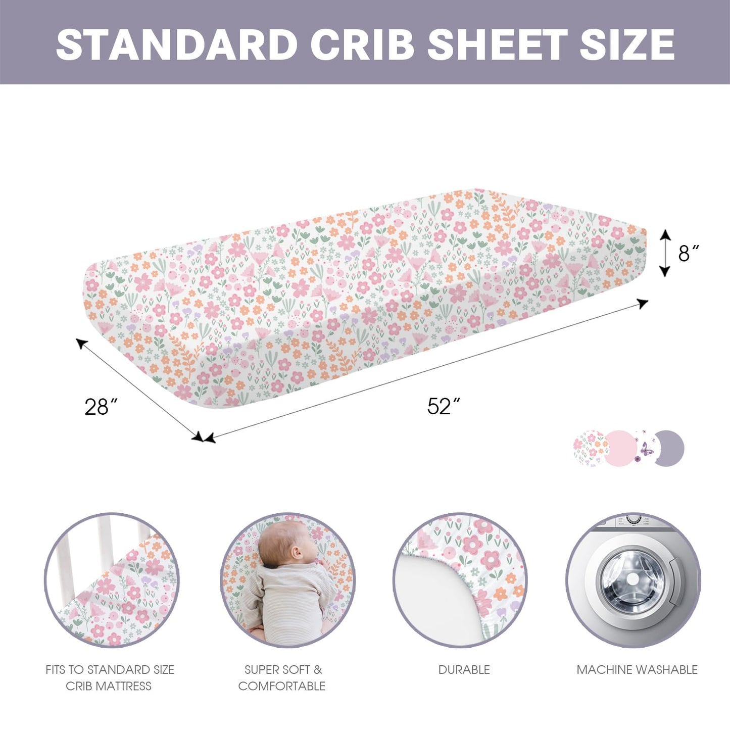 Bimocosy Crib Sheets 4 Pack, Baby Crib Sheets Fitted for Boys and Girls Breathable & Snug Fit, Soft Toddler Bed Sheets for Standard Crib Mattress Nursery Daycare Essentials, Butterfly Bloom