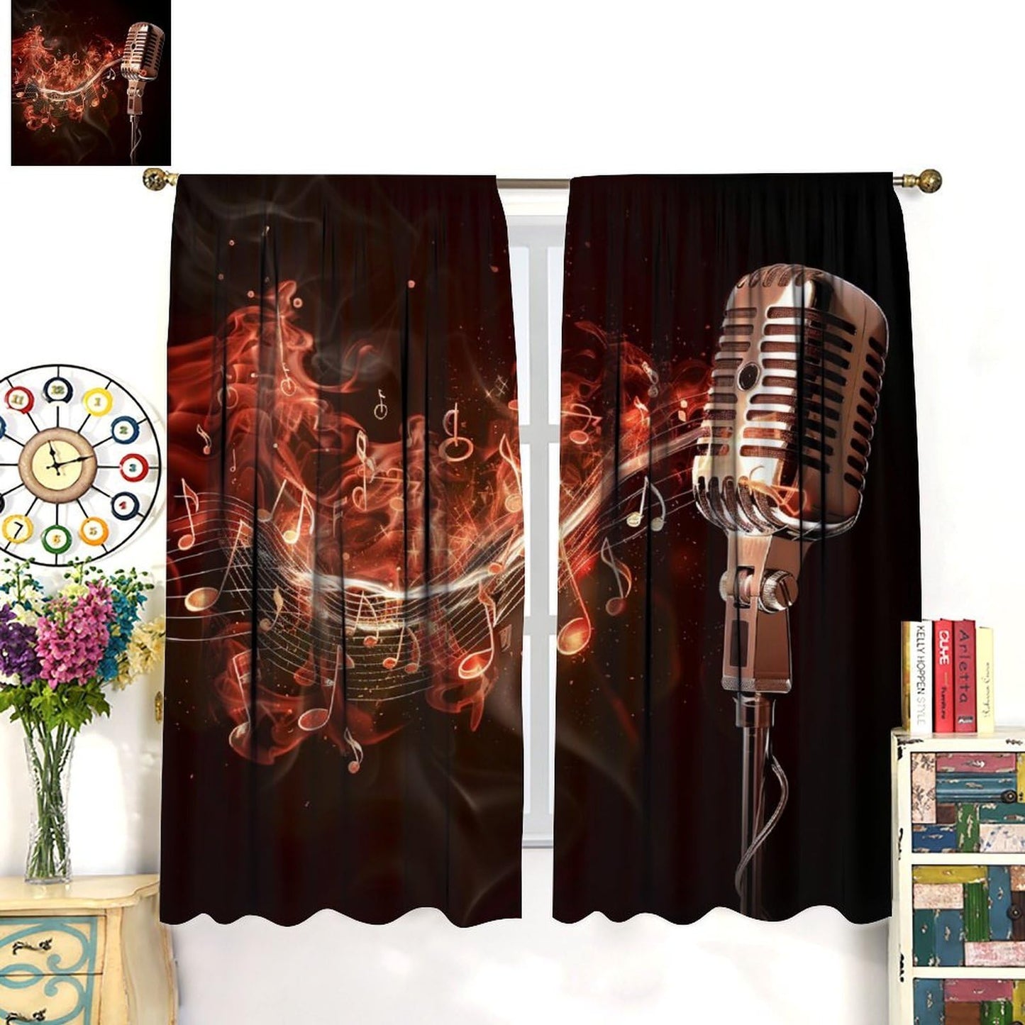 wlsgdsg Music Curtains Retro Cool and Trendy 3D Flame Art Microphone Music Notes Windows Treatments Rod Pocket Drapes for Kids Boys Girls Living Room Bedroom 42x44.5In（No Blackout）