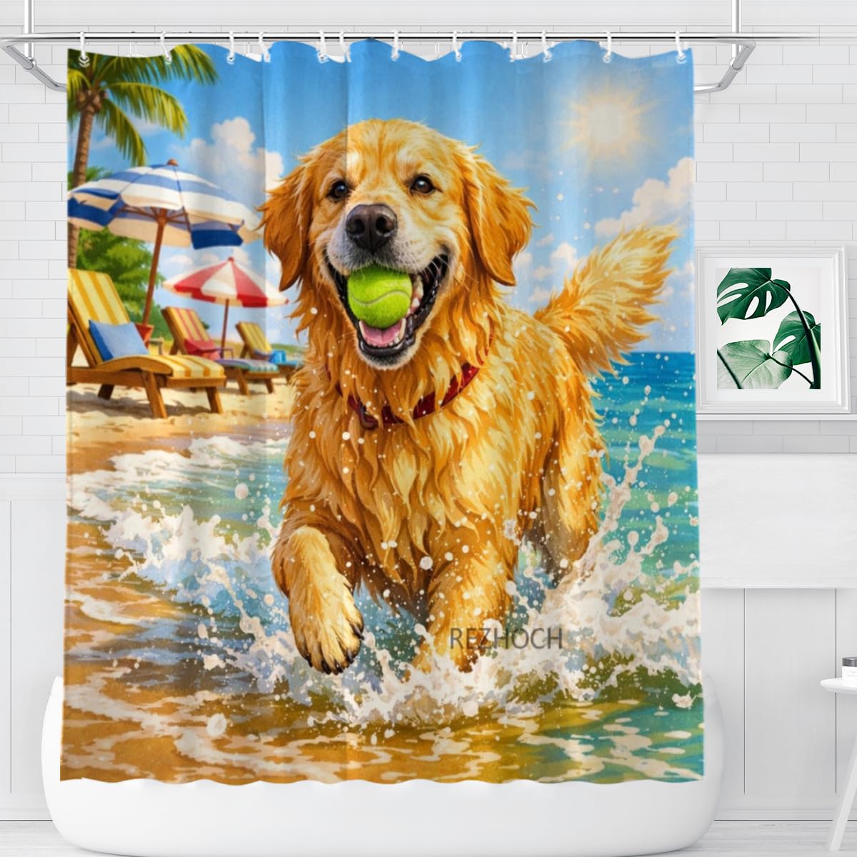 REZHOCH Fun Beach Dog Shower Curtain 72x72Inch, Cute Golden Retriever on Sunny Ocean Beach,Coastal Home Bathroom Decor,Summer Seaside Animal Art Waterproof Fabric Bath Set with Hooks