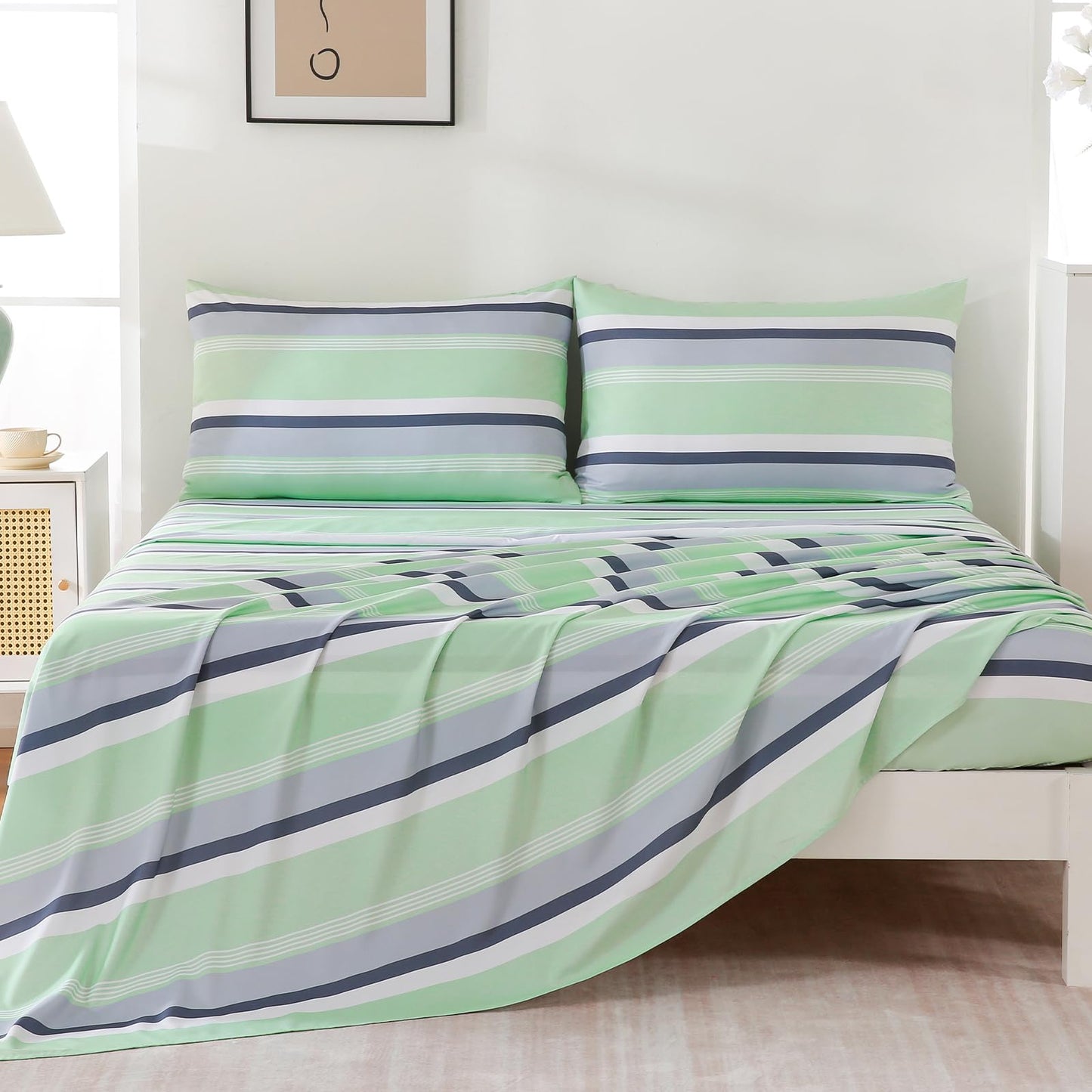 MCO 4Pieces Striped Sheets Set, Breathable King Sheet Set with 16" Deep Pocket,Modern & Luxury, Brushed Microfiber Bedding Set(King, Green Gray)