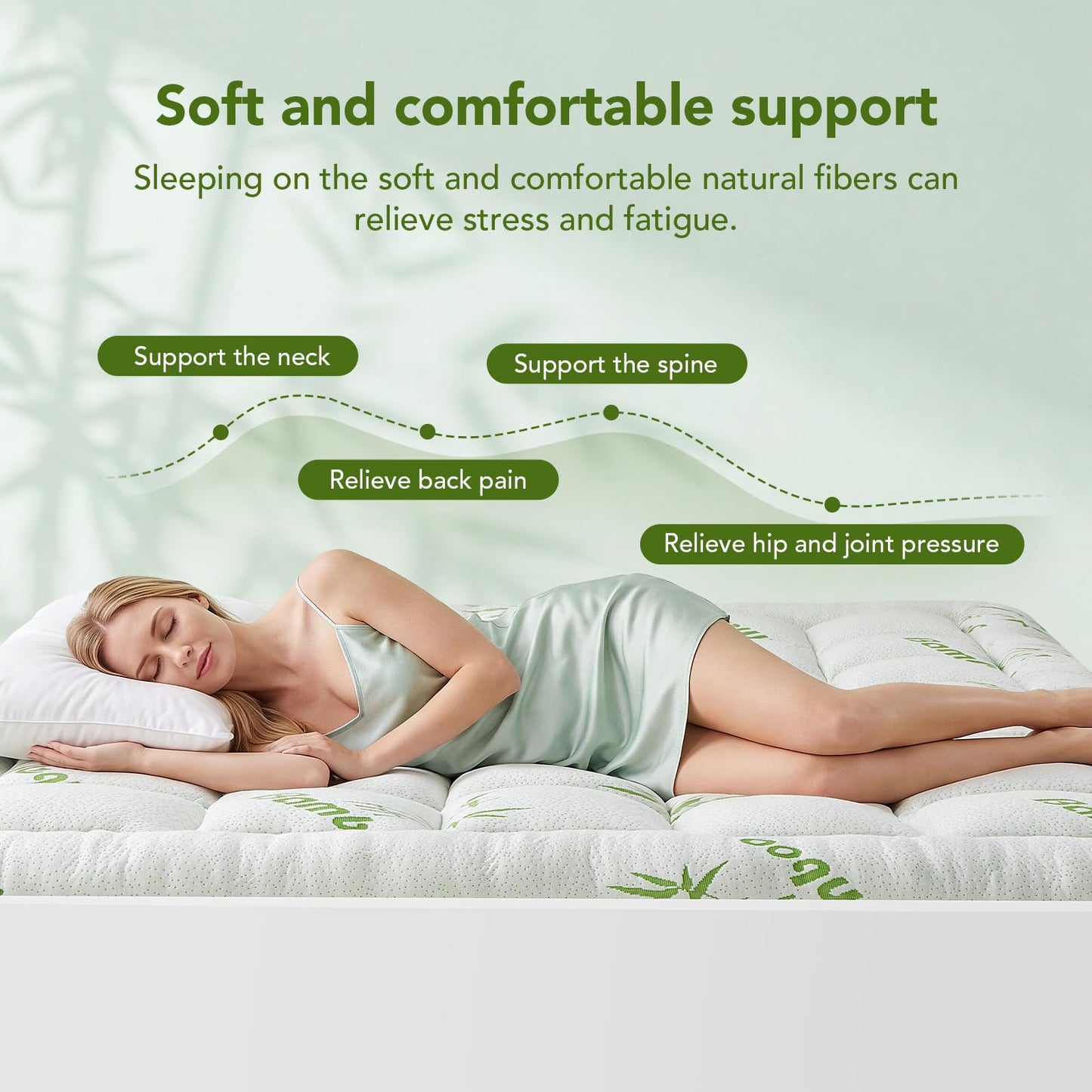 Queen Size Mattress Topper Viscose Made from Bamboo, Extra Thick Quilted Pillow Top, Naturally Cooling & Breathable for Hot Sleepers, Back Pain Relief, Deep Pocket Skirt Fits 6-18", Green