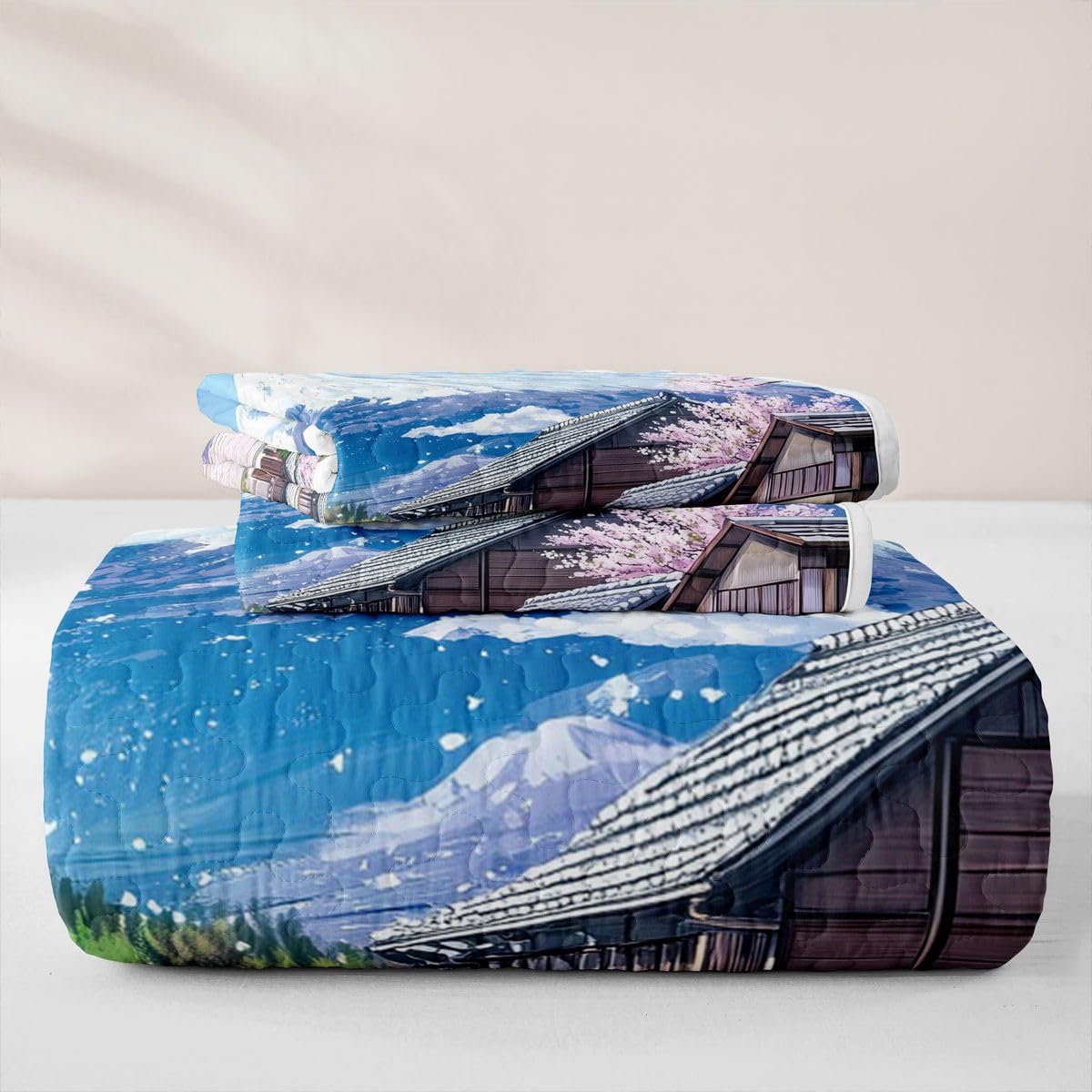 Erosebridal Japanese Ukiyo-E Quilt Twin Size - Watercolor Landscape Bedspread Japanese Cherry Blossom Bed Coverlet with 1 Pillowcase