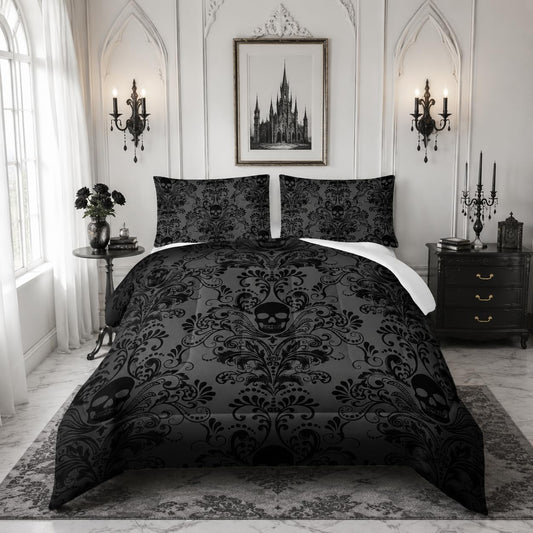 Nttopship Adults Black Gothic Comforter Set King Size,Vintage Damask Floral Bedding Set 3Pcs,Bohemia Bedding Set Goth Skull Printed Quilted Set for Teens Adult with 1 Comforter and 2 Pillowcase