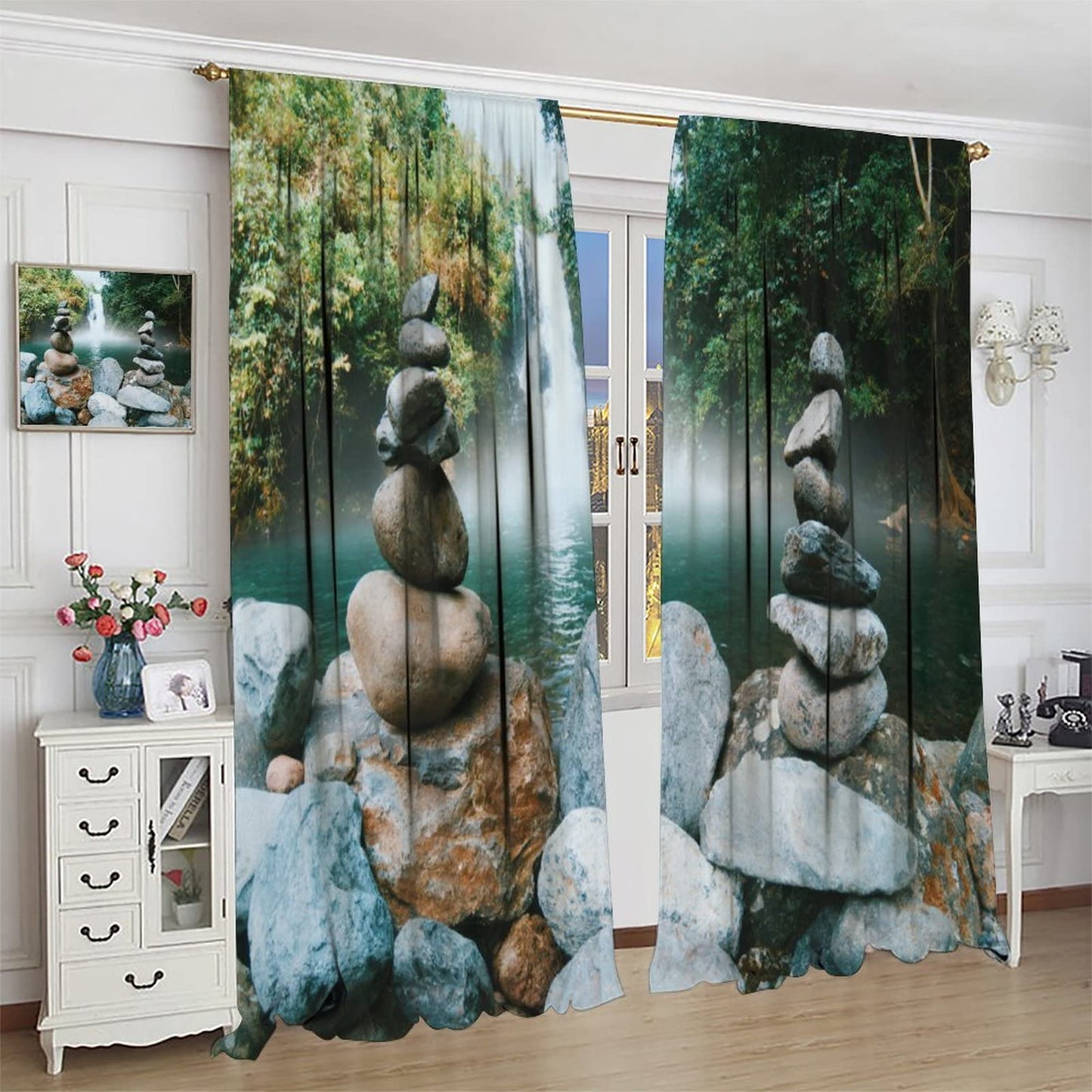 DDCBNS Natural Zen Curtains,Forest Landscape Waterfall Stone Printed Art Design Polyester Fabric Curtains for Bedroom Living Room Kitchen Rod Pocket Window Drapes 2 Panels Set,Total Size 42" x 45"
