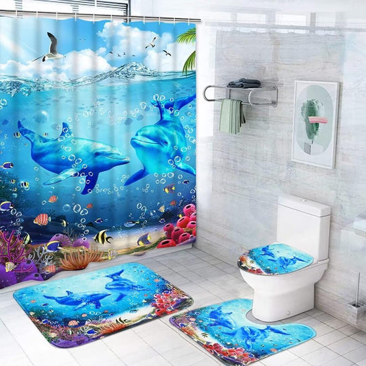 Yddsky 4Pcs Blue Ocean Dolphin Shower Curtain Sets with Rugs, Toilet Lid Cover and Bath Mat, Bathroom Shower Curtains Bathroom Decor Set