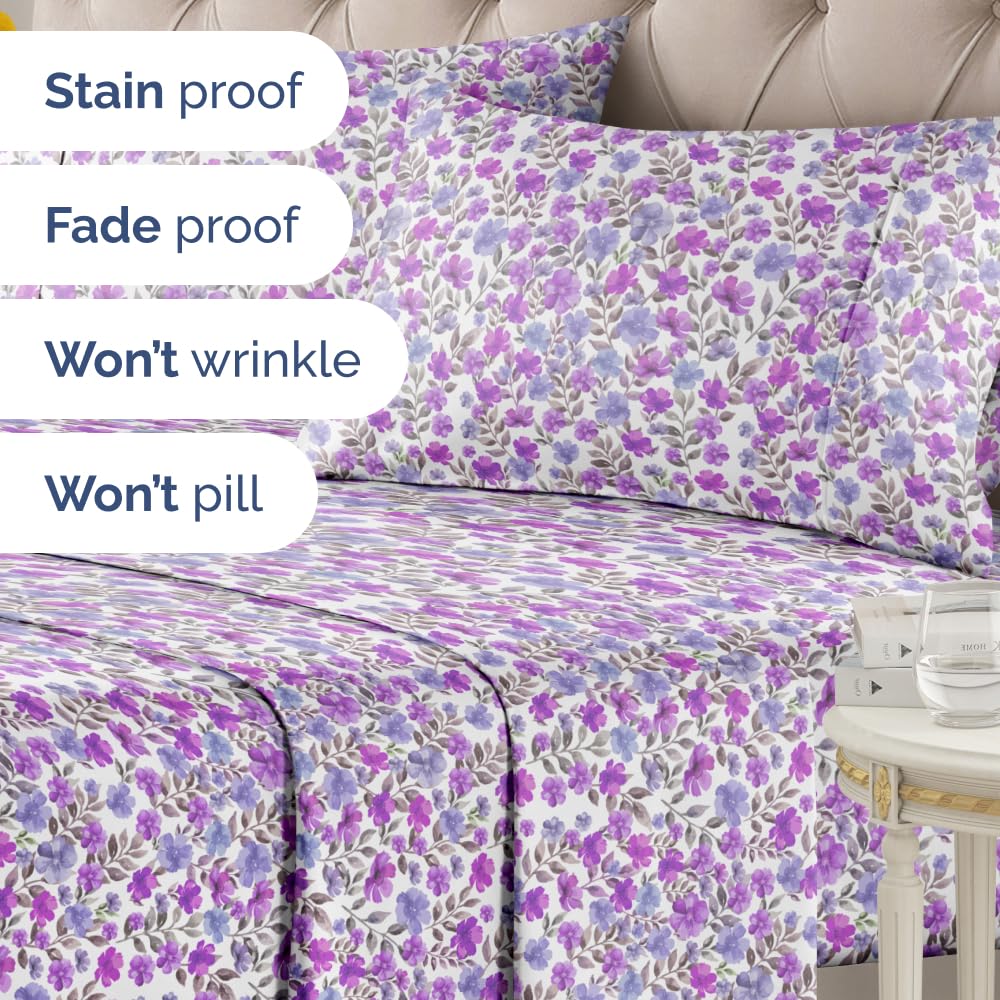 Floral Sheets - Purple Floral Bed Sheet Set - 1 Flat, 1 Fitted & 2 Pillowcases w/ Deep Pockets - Comfy, Wrinkle & Fade-Free Boho Botanical Bedding - Ultra-Soft, Breathable & Cooling - Full Size New