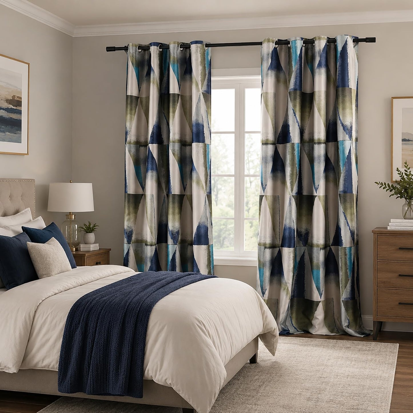 Leeva Geometric Print Blackout Curtains for Bedroom, Modern Blue Linen Privacy Light Reducing Heavy and Thick Grommet Drapes for Dining Room, Set of 2, 52 x 96