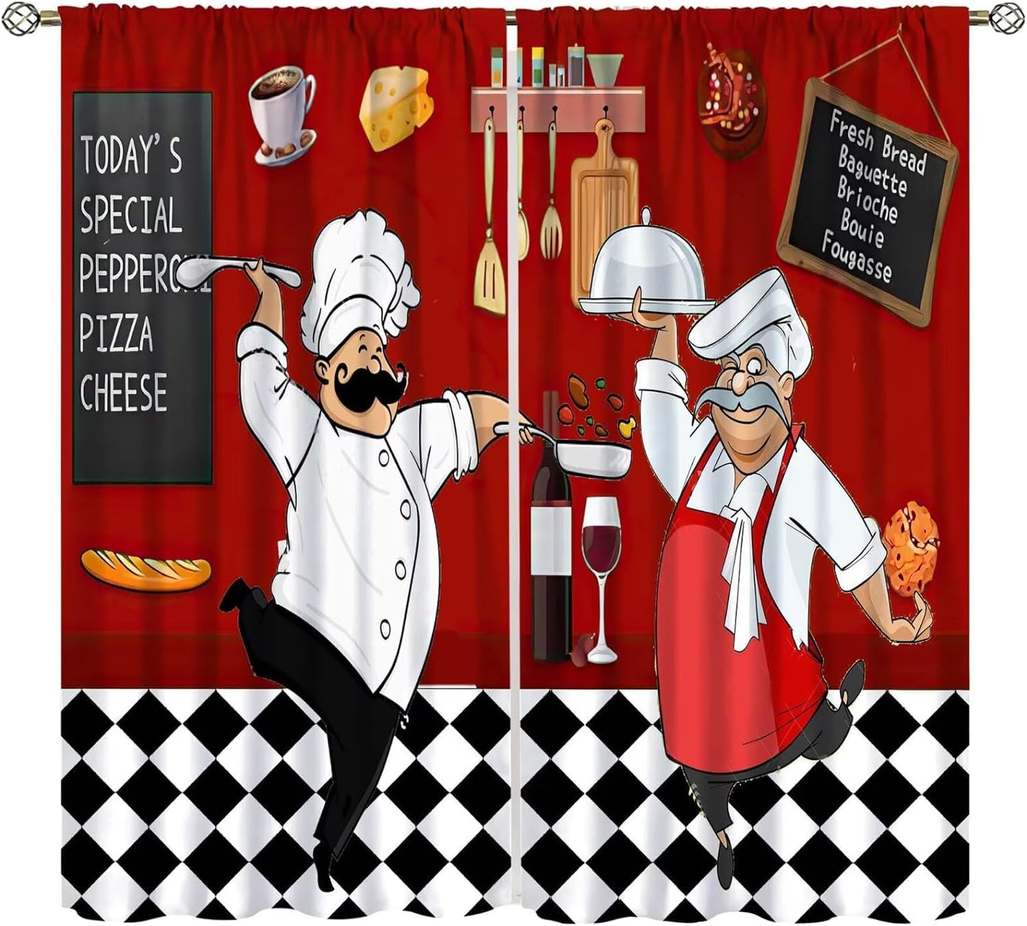 Yearn Jear Chef Window Curtains, Fat Funny Cook Theme Curtains for Bedroom & Living Room, Red Black Buffalo Check Plaid Kitchen Drape 2 Panel Set, 42x45 Inch Decor