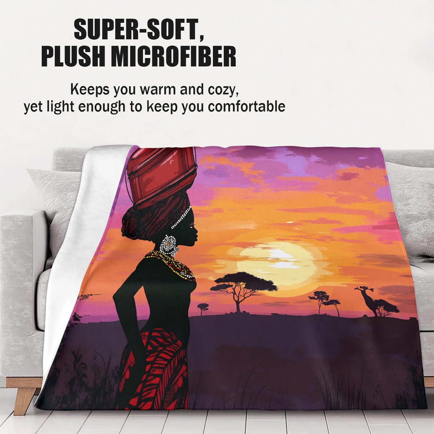 African Blankets & Throws, African Woman Throw Blanket for Couch Bed Sofa, Sunset Throws and Blankets - Super Soft Cozy Plush Flannel Blanket & Gifts, 40x50