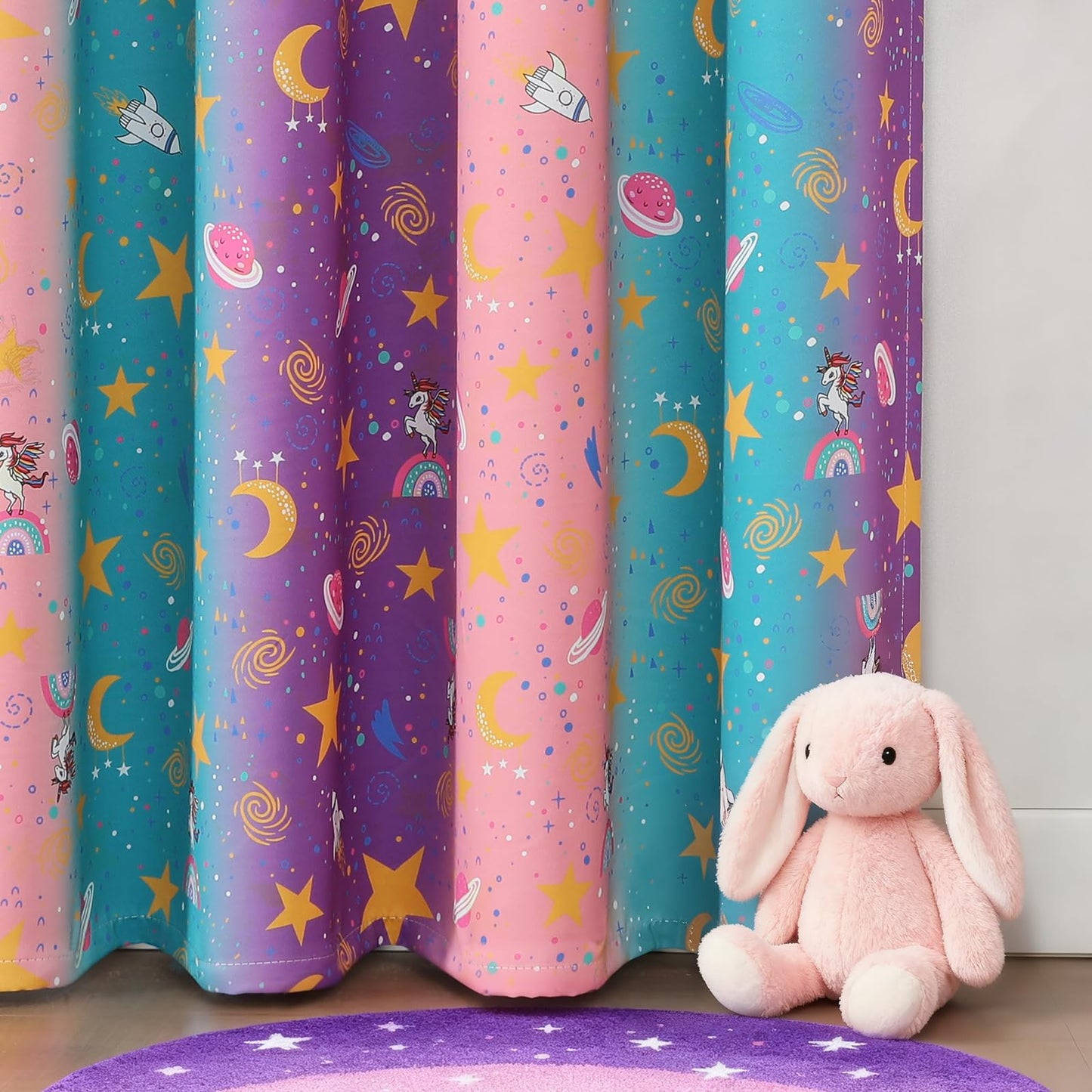 Estelar Textiler Unicorn Rainbow Galaxy Printed Ombre Pink Purple Teal Blackout Curtains for Kids & Girls Room,Thermal Insulated Room Darkening Grommet Drapes with Star & Moon Pattern,38Wx63L,2 Panels