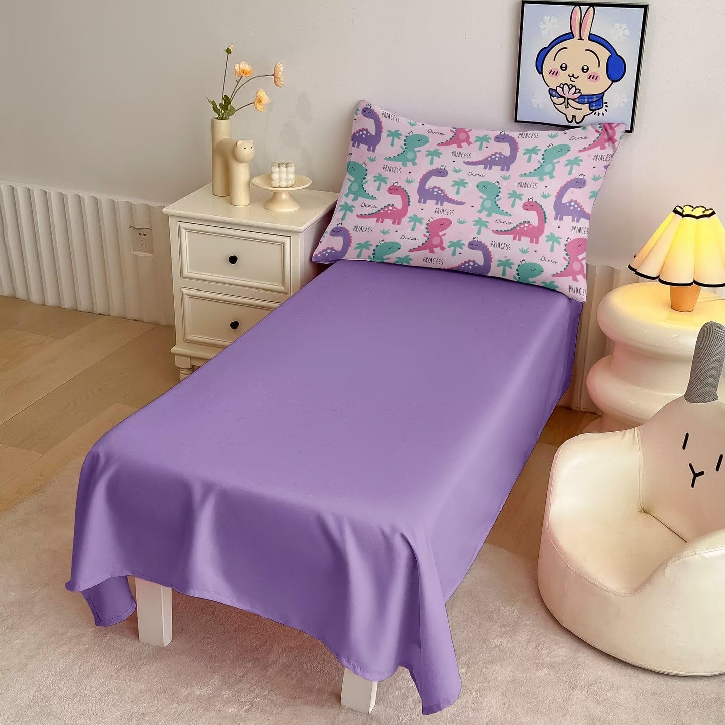 4 Piece Toddler Dinosaur Bedding Set for Girls,Pink Dino Toddler Comforter Sets Soft Bed Set Include Comforter,Fitted Sheet, Flat Top Sheet and Pillowcase,Bed in A Bag for Bedroom
