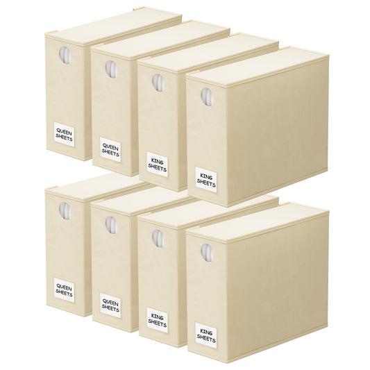 SpaceAid 8 Pack Bed Sheet Organizers and Storage, Foldable Sheet Organizer for Linen Closet, Sheets Set Folder Keeper with Window XL (Queen & King Size) Bedding Container (Beige, 8 Pack)