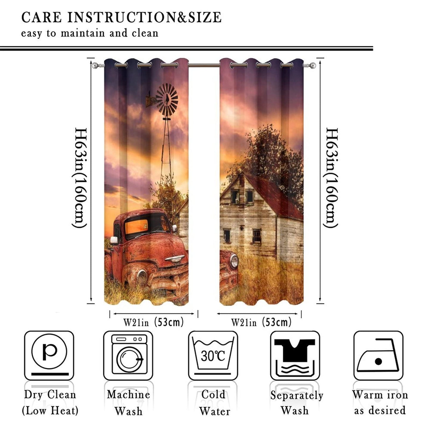 Kazynee Rustic Farm Old Truck Room Darkening Blackout Window Curtains with Grommets,Western Country Farmhouse Sunset Nature Scenery Energy Efficient Window Treatment 2 Panels 63L x 21W