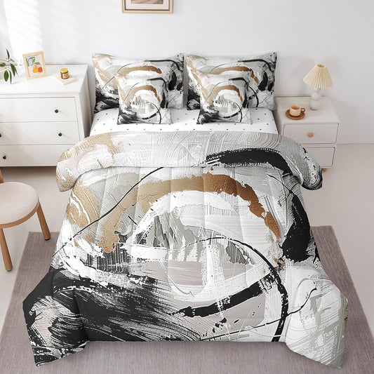 Taupe Brown Bed in a Bag King Size Comforter Set 7 Pieces,Gradient Black White Grey Ombre Bedding Sets,Watercolor Brush Oil Painting Sheet Set with Comforter Modern Graffiti Art Room Decor