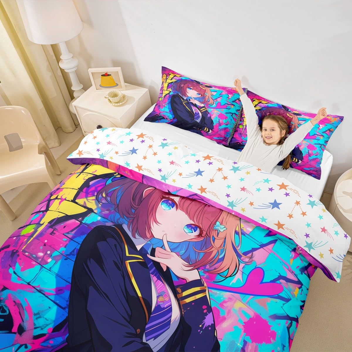 Erosebridal Girls Japanese Anime Bedding Set Full, Kawaii Anime Girl Comforter Cover Cartoon Girl Duvet Cover for Kids Teens Adult, Japanese Animation Sci Fi Style Bed Set, 2 Pillow Cases