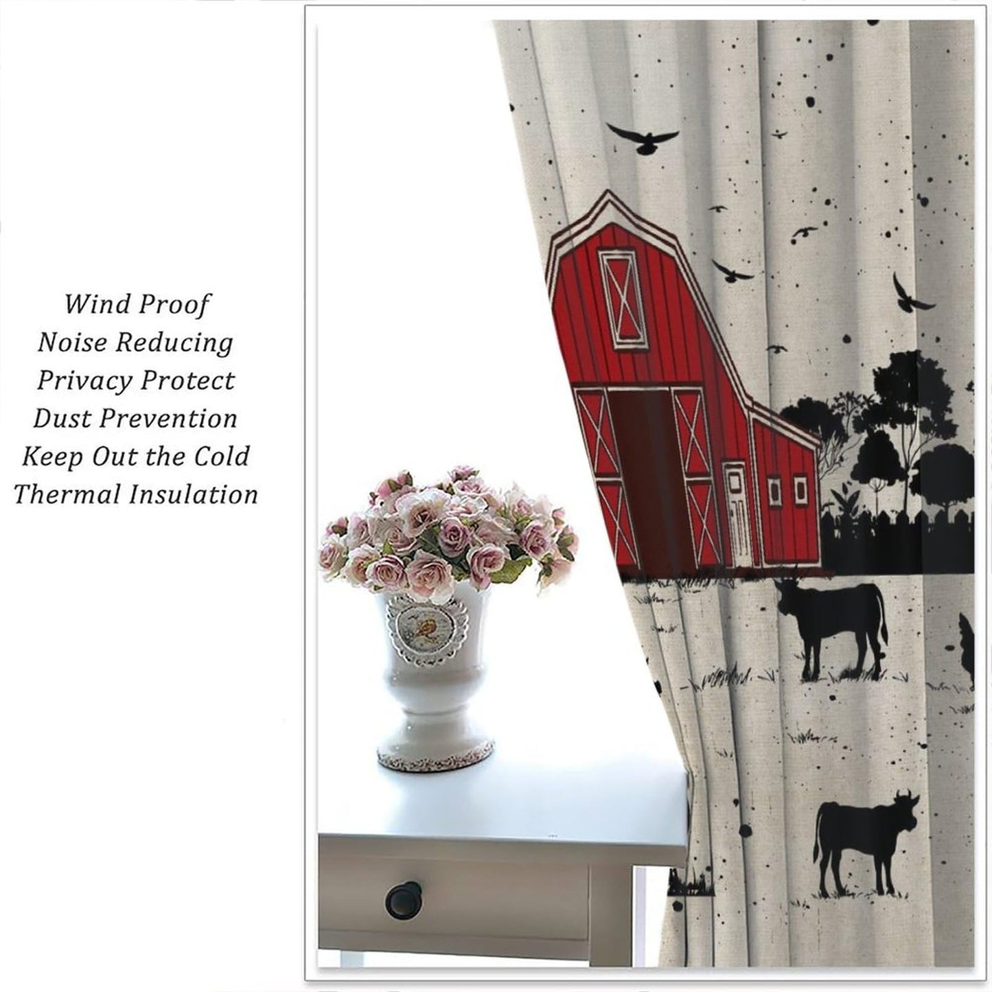 YCness Country Farmhouse Curtains Red House Cow Pig Chicken Window Treatments for Rod Pocket Drapesfor Living Room Bedroom Kitchen 42x45 Inch