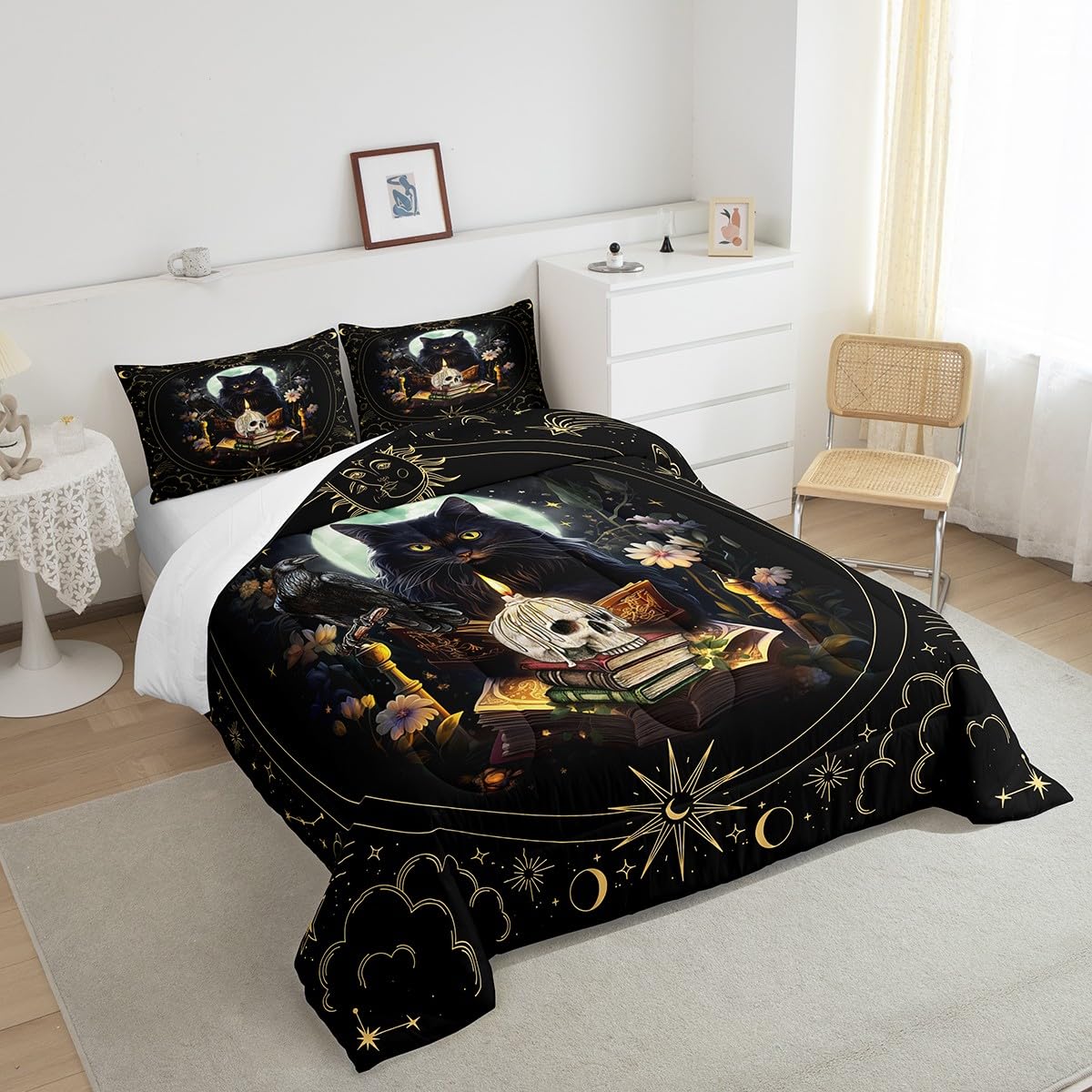 Trippy Cat Comforter Set Full Size,Sun and Moon Kids Quilt Set Gothic Sugar Skull Crow Print Bedding Set for Girls Boys Adult Room Decor,Exotic Daisy Floral Duvet Insert,2 Pillowcases,Black