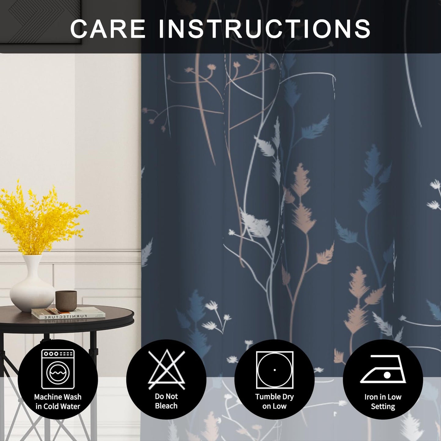 GICDSU Blue Leaves Blackout Curtains 63 Inch Length, Room Darkening Curtains for Living Room Bedroom with Botanical Printed, 2 Panels Set W52xL63