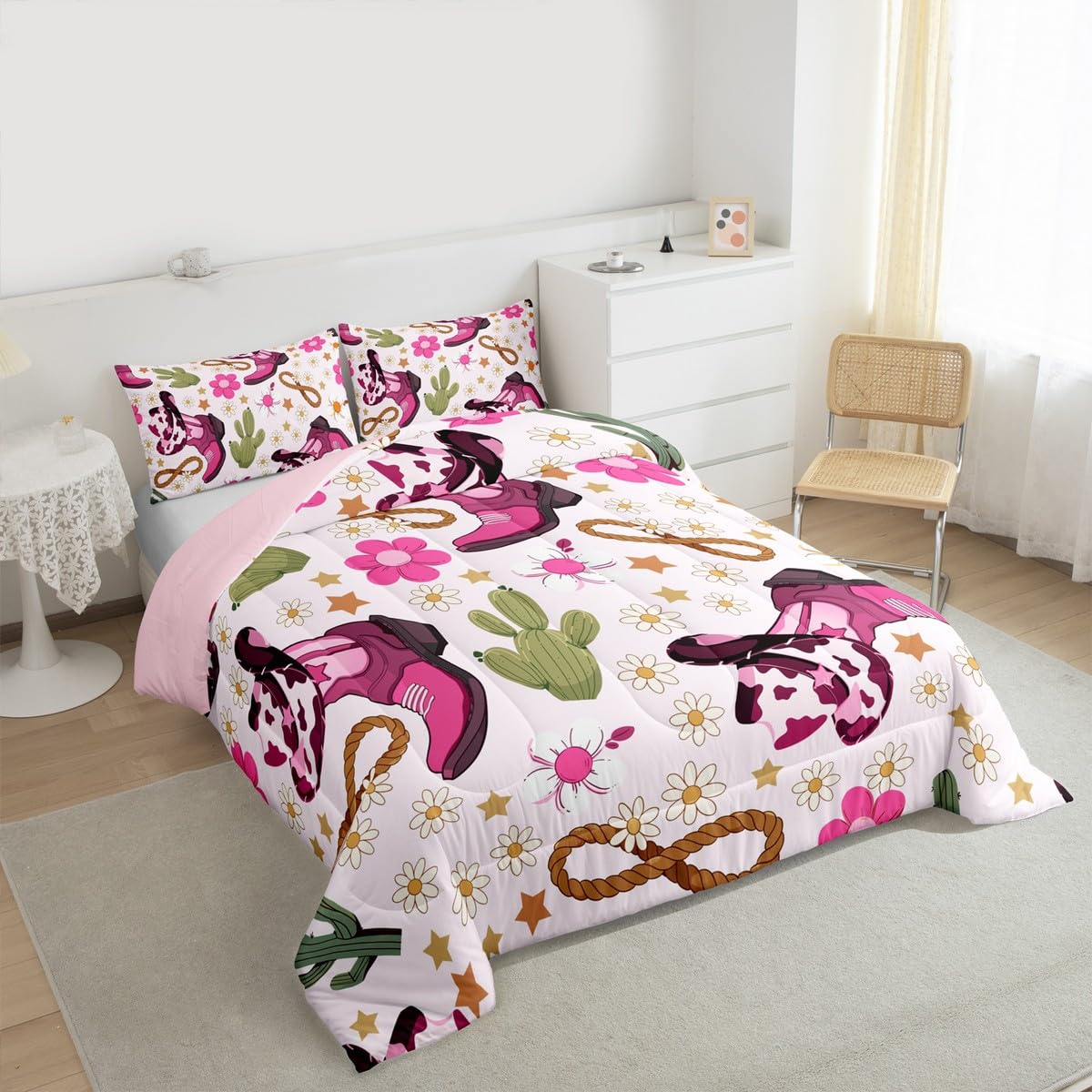 Feelyou Western Kids Comforter Set Full Size Cowgirl Floral Bedding Set Western Cowboy Boots Duvet Quilt for Kids Boys Girls Bedroom Wild West Cactus Flower Decor Light Pink Ultra Soft Breathable
