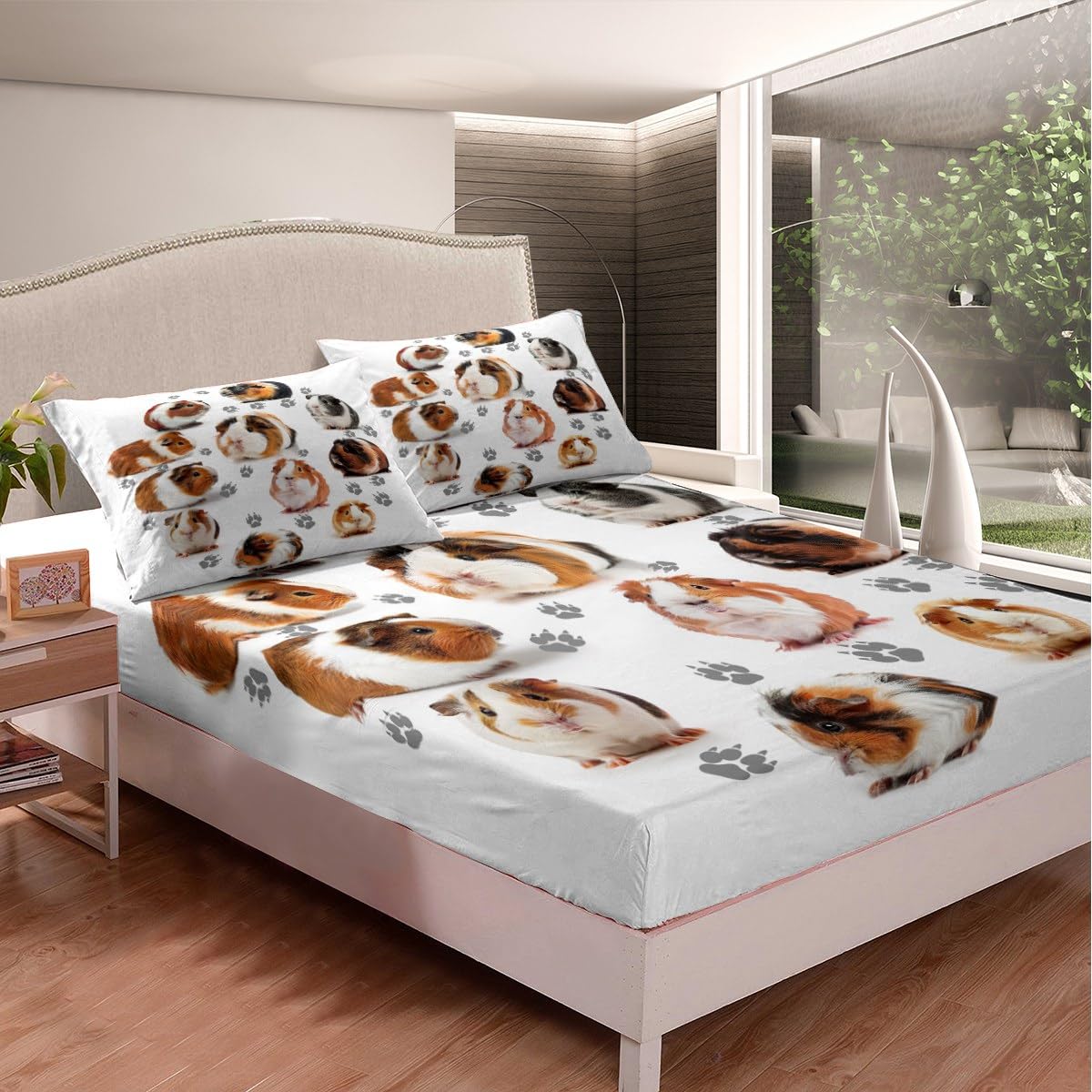 Manfei Guinea Pig Sheet Set Cute Guinea Pig and Footprint Decor Fitted Sheet Cute Animal Bedding Set 2pcs for Kids Soft Polyester Bed Sheets (1 Fitted Sheet + 1 Pillow Case) Twin Size