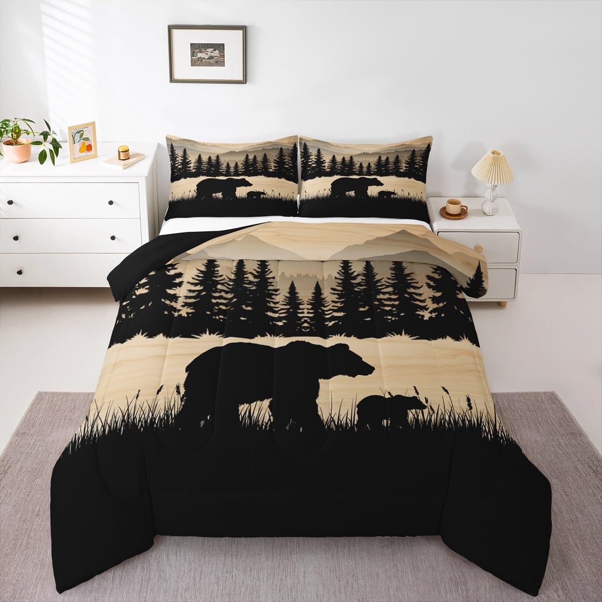 Erosebridal Rustic Cabin Full Comforter Set Farmhouse Bear Bedding Set Hunting Woodland Animal Down Comforter for Kids Adults,Pine Tree Wildlife Quilt Duvet Lodge Bedroom Decor 3 Pcs