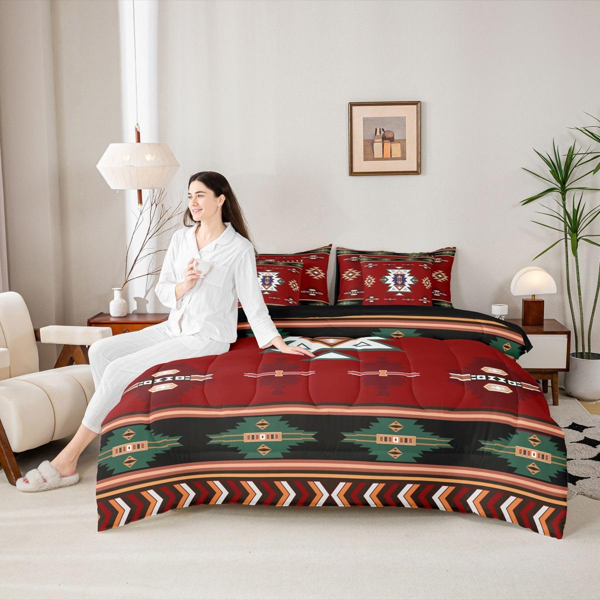 Erosebridal Western Twin Comforter Set with Sheets | Boho Decor Geometric 7 Piece Bedding Set Bohemian Aztec Bed in a Bag, Ethnic Tribal Arrow Room Decor,Red