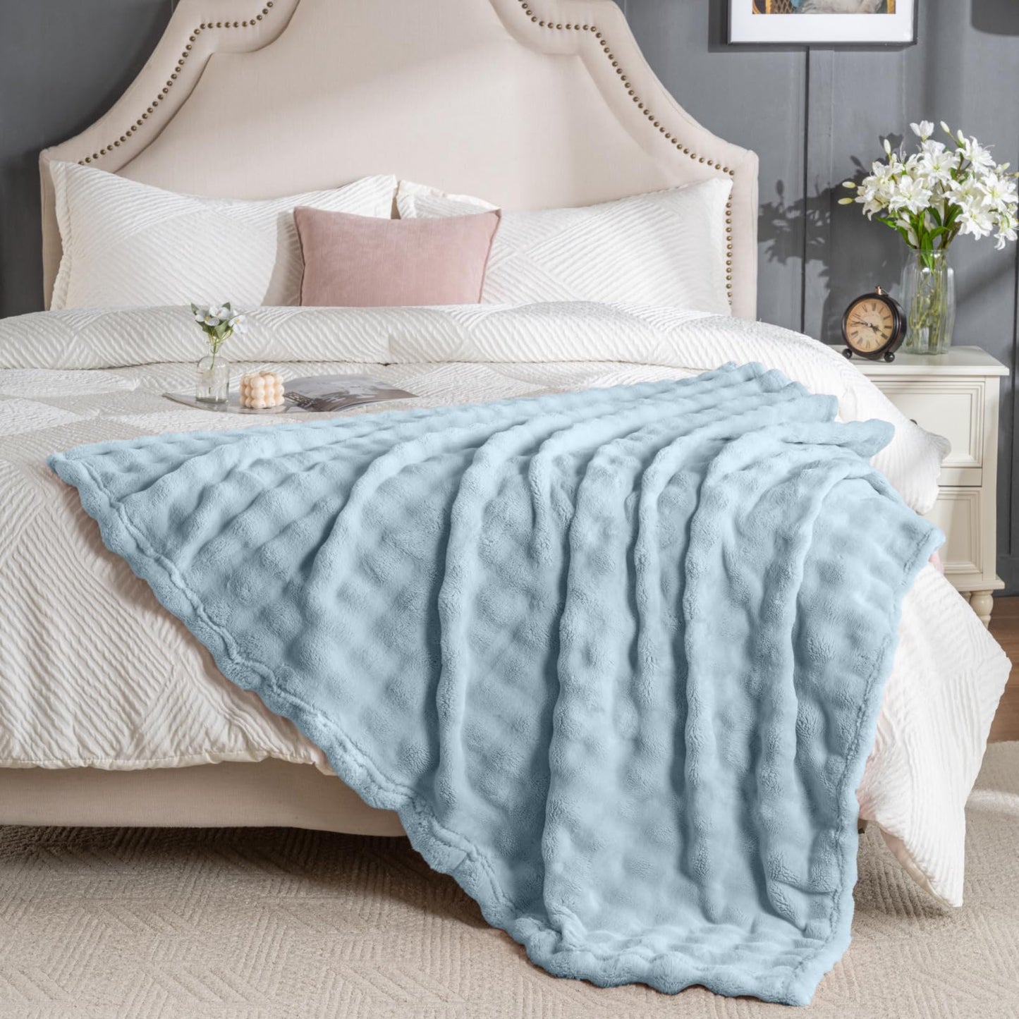 Light Blue Fur Throw Blanket for Couch, Soft Fluffy Bubble Blanket for Bed Sofa, Thick Warm Plush Fuzzy Rabbit Fur Blanket for Neutral Home Decor, 50"X 60"