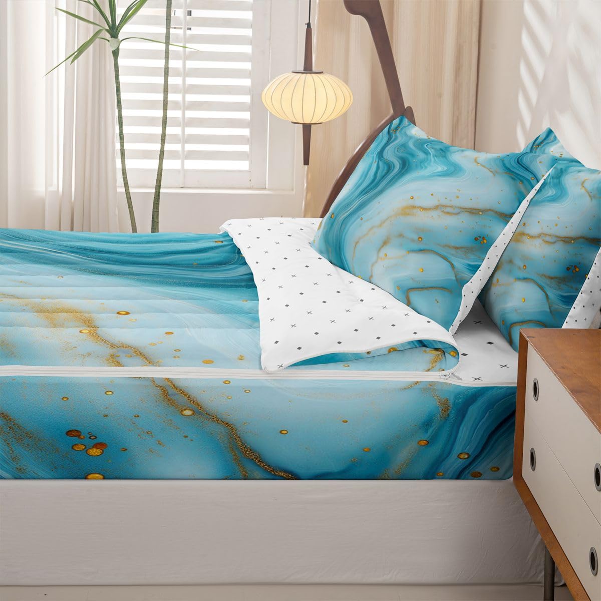 jejeloiu Marble Print Zipper Bedding Twin Abstract Zipper Bedding Sets for Kids Boys Girls Aqua Blue Comforter Set with Fitted Sheet and 2 Pillowcases Marble Swirl Pattern Bedroom Decor