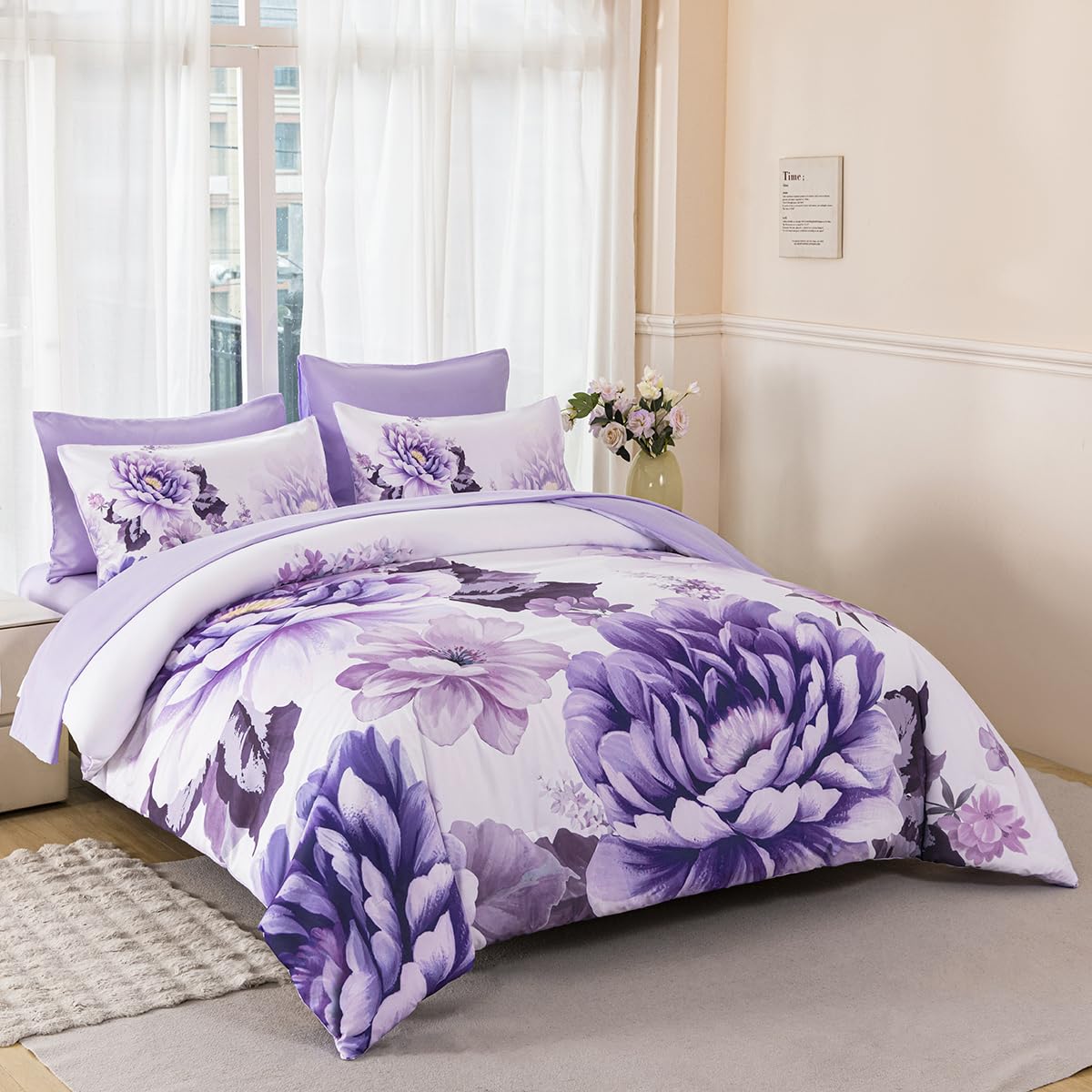 ZSYAYAHA Purple Comforter Set Queen 7 Pieces Floral Bedding Set for Women Flower Bed Set Soft Reversible Pink Peony Bed in A Bag with Sheets(Purple, Queen)