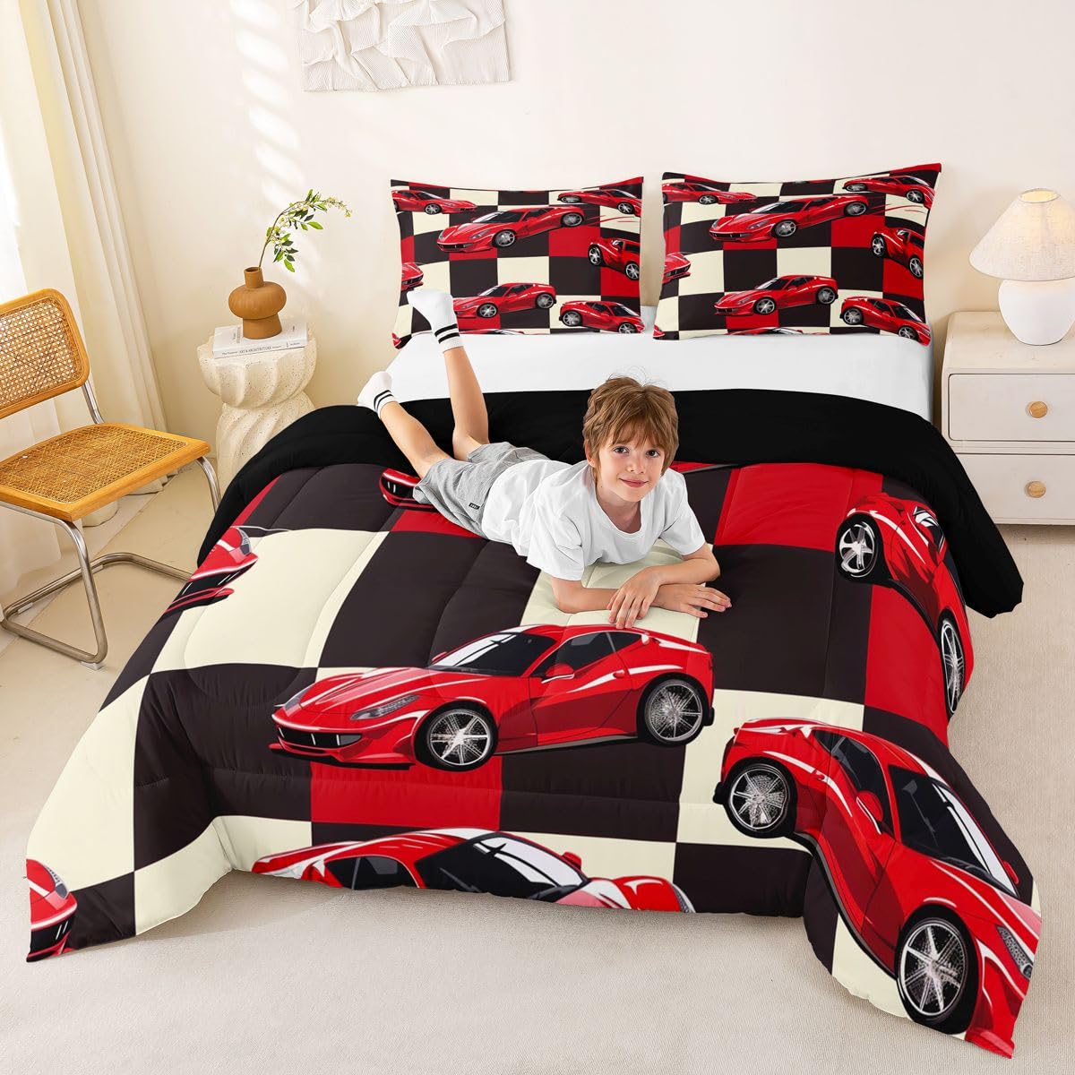 Erosebridal Red Racing Car Full Comforter Set for Boys, Cool Speed Race Car Bedding Set for Kids Youth Men Teens Room Decor, Extreme Sport Comforter, Grid Buffalo Quilt, 3 Piece