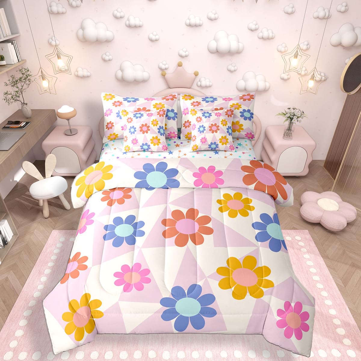 Erosebridal Daisy 7 Pcs Bedding Set for Teen Girls Cute Flower Comforter Set with Sheets Twin Size for Kids Young Women Children Cartoon Floral Bed in A Bag Abstract Aesthetic Geometric Bed Sets
