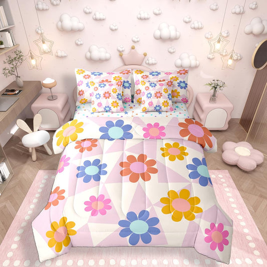 Erosebridal Daisy 7 Pcs Bedding Set for Teen Girls Cute Flower Comforter Set with Sheets Twin Size for Kids Young Women Children Cartoon Floral Bed in A Bag Abstract Aesthetic Geometric Bed Sets