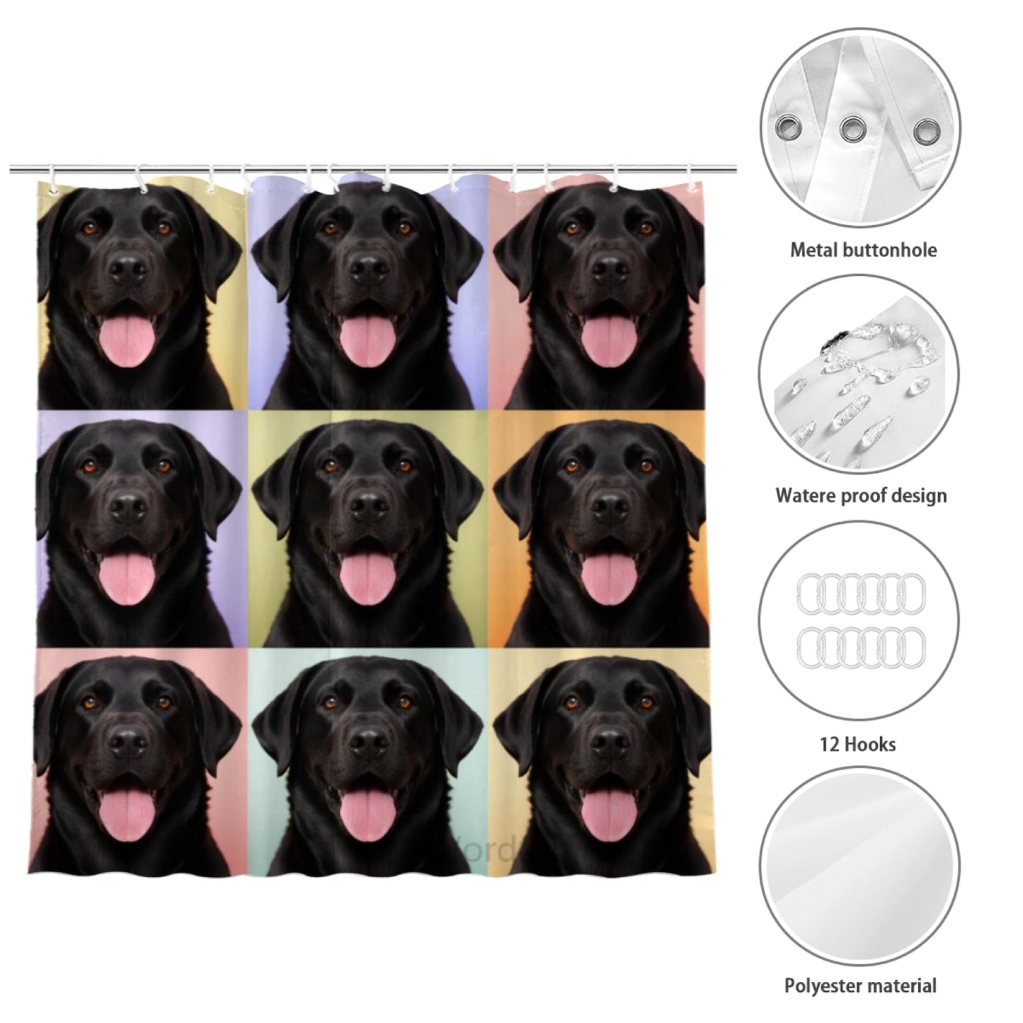 Wordatu Black Labrador Dog Shower Curtain Fun Puppies in Dogs Print, Cloth Fabric Bathroom Decor Set with 12 Hooks 72x72