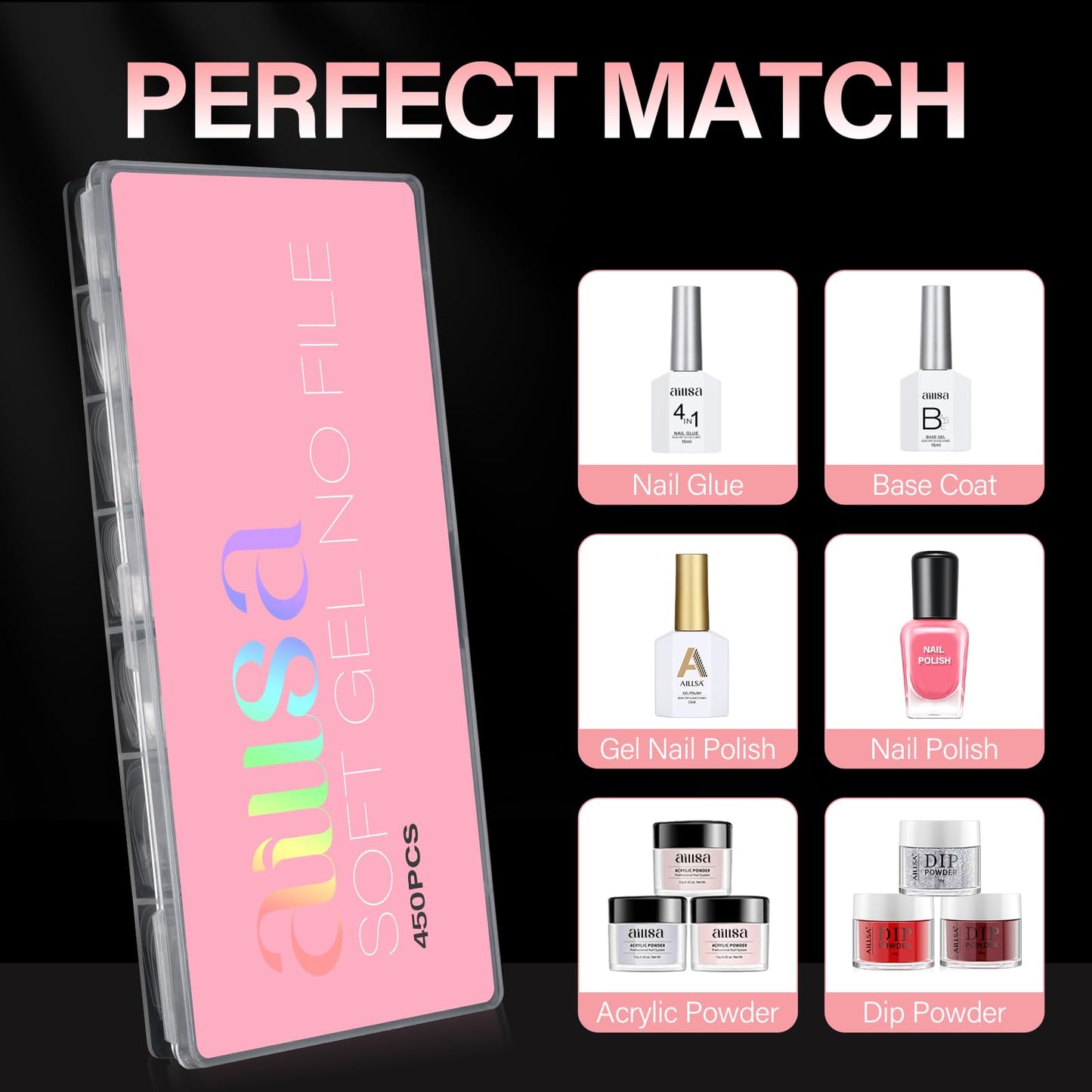 AILLSA Long Coffin Nail Tips - 450pcs Thickened Pre-shaped False Nail Tips Half Matte Nails Tips, Acrylic Fake Nails Extension for Home Salon DIY