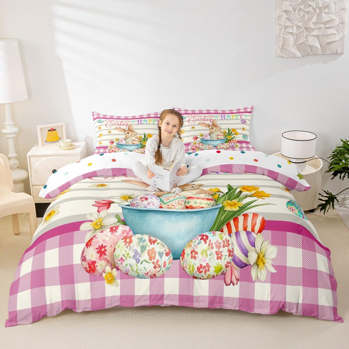 Erosebridal Easter Decorations,Rabbit Comforter Cover Happy Easter Themed Easter Egg Duvet Cover,Pink Yellow Tulip Flowers Checkered Grid Bedding Set Queen,Easter Gifts for Kids Kawaii Room Decor
