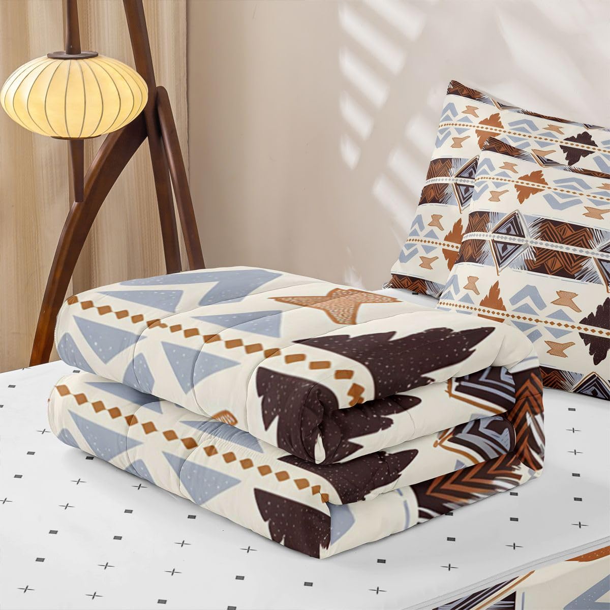 Boho Western Zipper Bedding Set Queen Zip Up Bedding Geometric Aztec Comforter Set with Sheets for Boys Girls,Ethnic Tribal Arrow Diamond Bed in a Bag Navajo Style Southwestern Decor Bed Sets