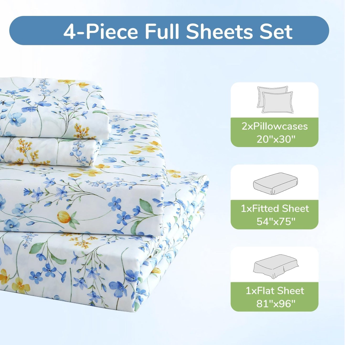 MUXHOMO Full Size 4 Piece Sheet Set, Soft Breathable Bed Sheet Set for Bedroom with Deep Pocket Up to 16", Wrinkle-Free & Cooling Bedding for Oeko-TEX Certified - Sweet Blueberry