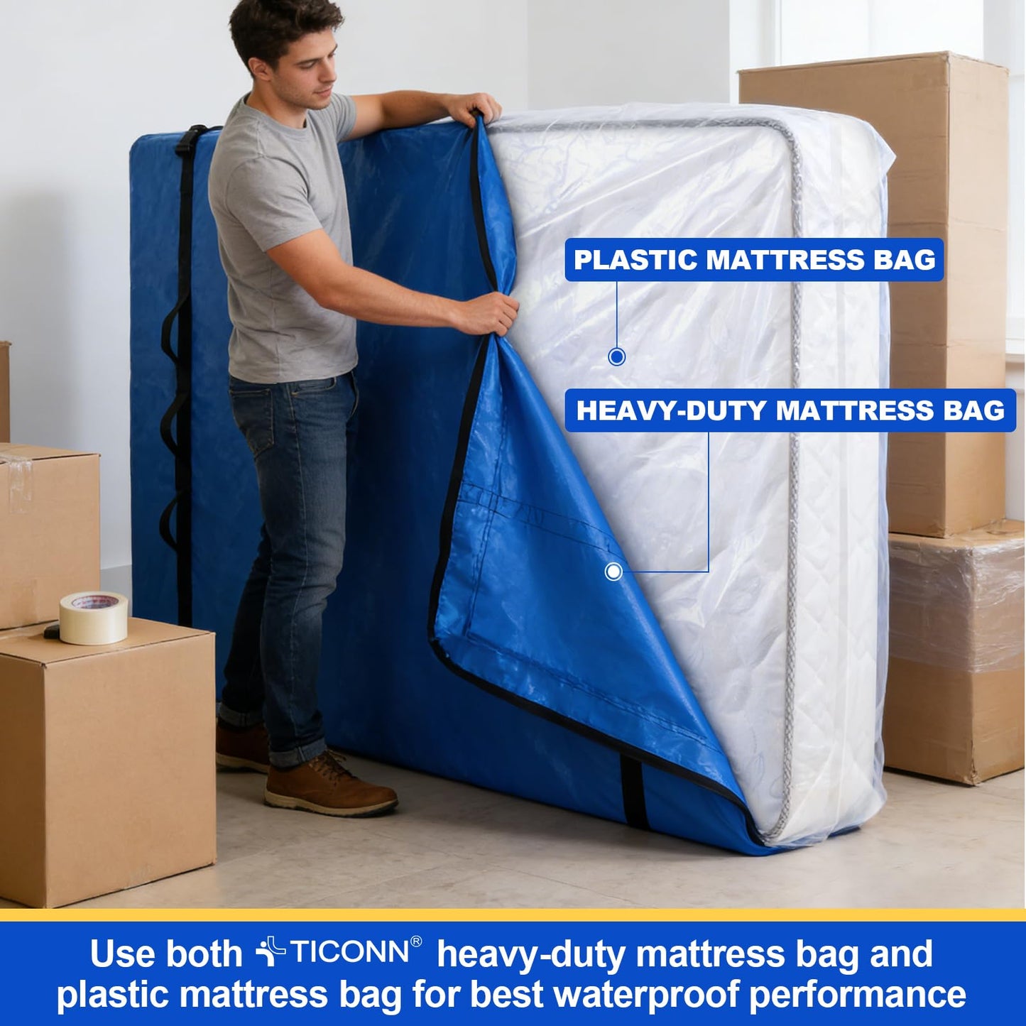 TICONN 2PK Plastic Mattress Bag for Moving Storage, Waterproof Mattress Protector Cover, Heavy-Duty Mattress Moving Supplies (1.5 mil, Queen)