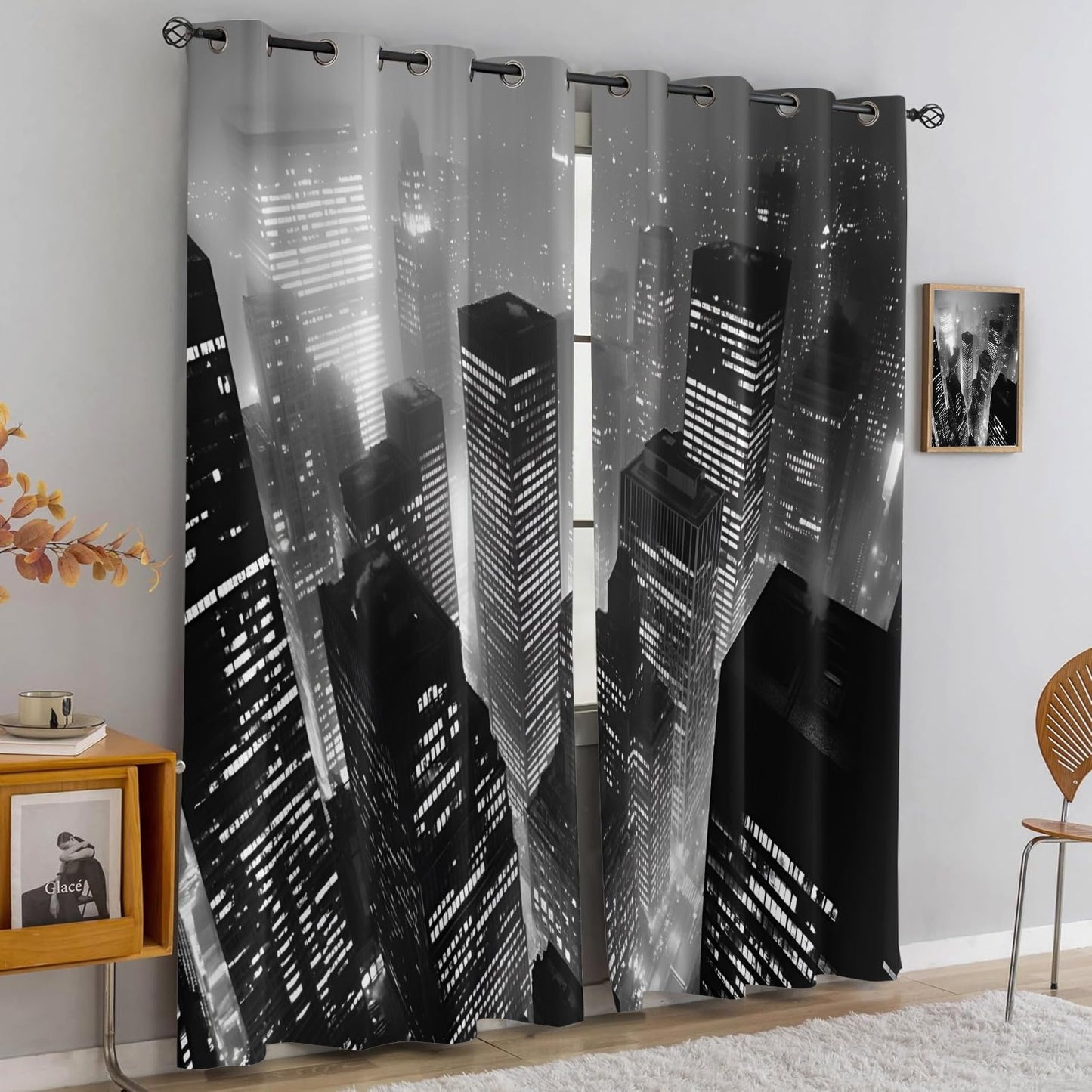 City Night View Blackout Curtains, Black and White Buildings Curtains for Living Room, City Aesthetics Black Out Bedroom Curtain Thermal Insulated Grommet Drapes 2 Panels, for Boys Room 26"W x 63"L x2