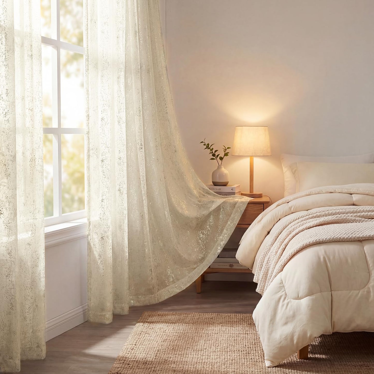 Horaldaily Beige Sheer Curtains for Living Room and Bedroom, Sliver Sequin Glitter Metallic Foil, Scenery Light Filtering Window Curtains, 52" W x 84" L, Set of 2 Curtain Panels