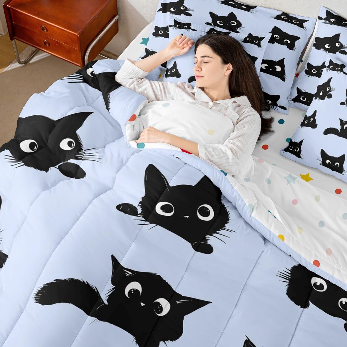 Erosebridal Cute Cat 7-Piece Bedding Set Full Size for Kids Boys Girls (Black and Blue) - Funny Black Cats Bed in a Bag Cartoon Kitten Animal Comforter Set with Sheets Cute Cat Duvet Insert