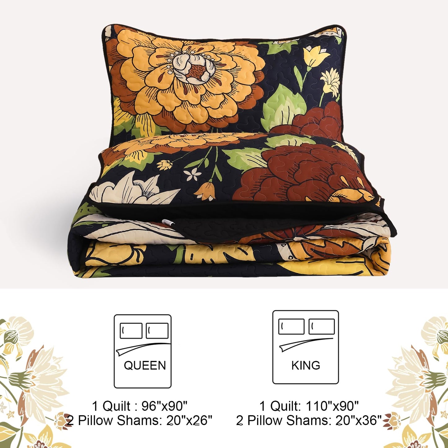 DJY Floral Quilt Set Queen Size Black Boho Bedspread Coverlet Set 3 Pieces, Botanical Quilt Lightweight Microfiber Farmhouse Floral Bohemian Bedding Set with 2 Pillow Shams for All Season (96''x90'')
