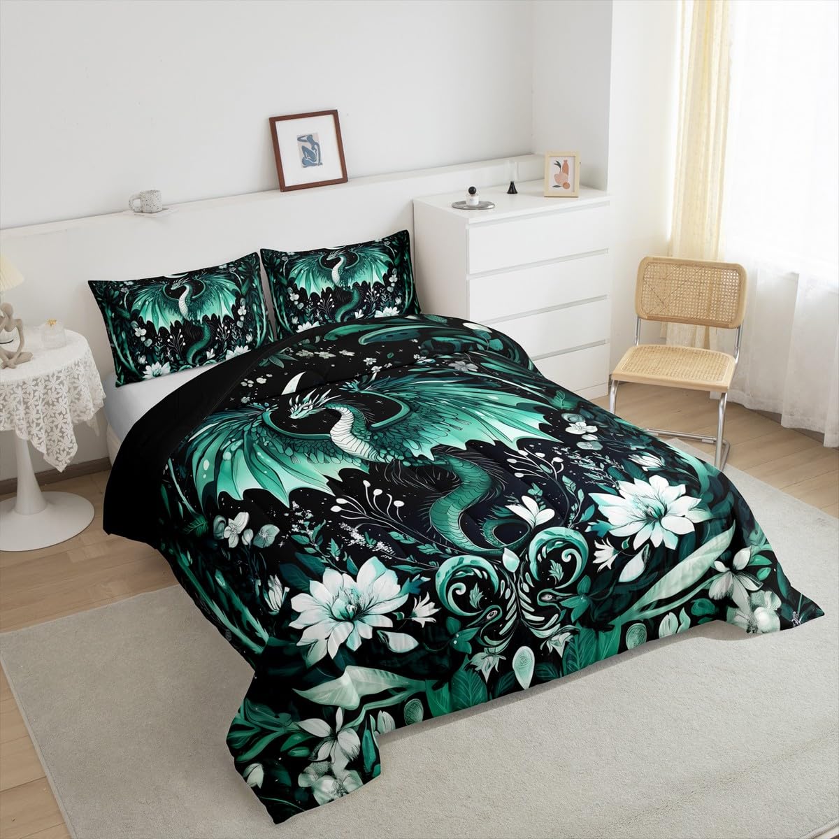 Feelyou Kids Dragon Comforter Set Full Size, Green Dragon Bedding Set Dragon Lovers Comforter for Kids Boys Girls Boho Duvet Insert Room Decor 3Pcs